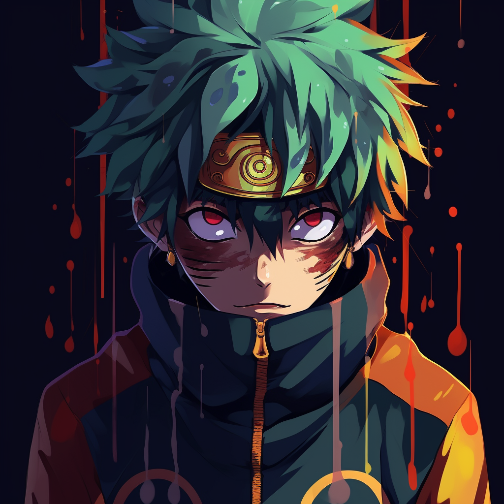 A concentrated close-up of Deku displaying the drip aesthetic style, highlighted by the vibrant color palette and detailed linework. aesthetic drippy anime pfp pfp for discord.