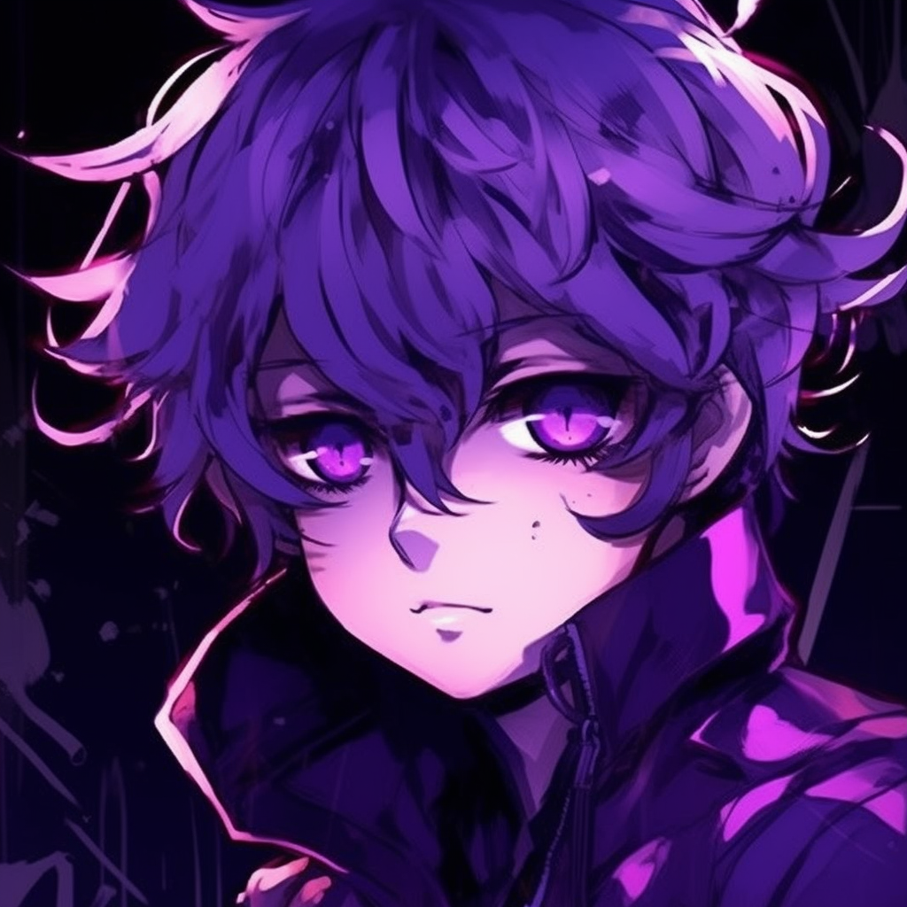 A purple-haired anime boy with glowing eyes, vibrant color contrasts and a luminous ambiance. stunning purple anime pfp boys