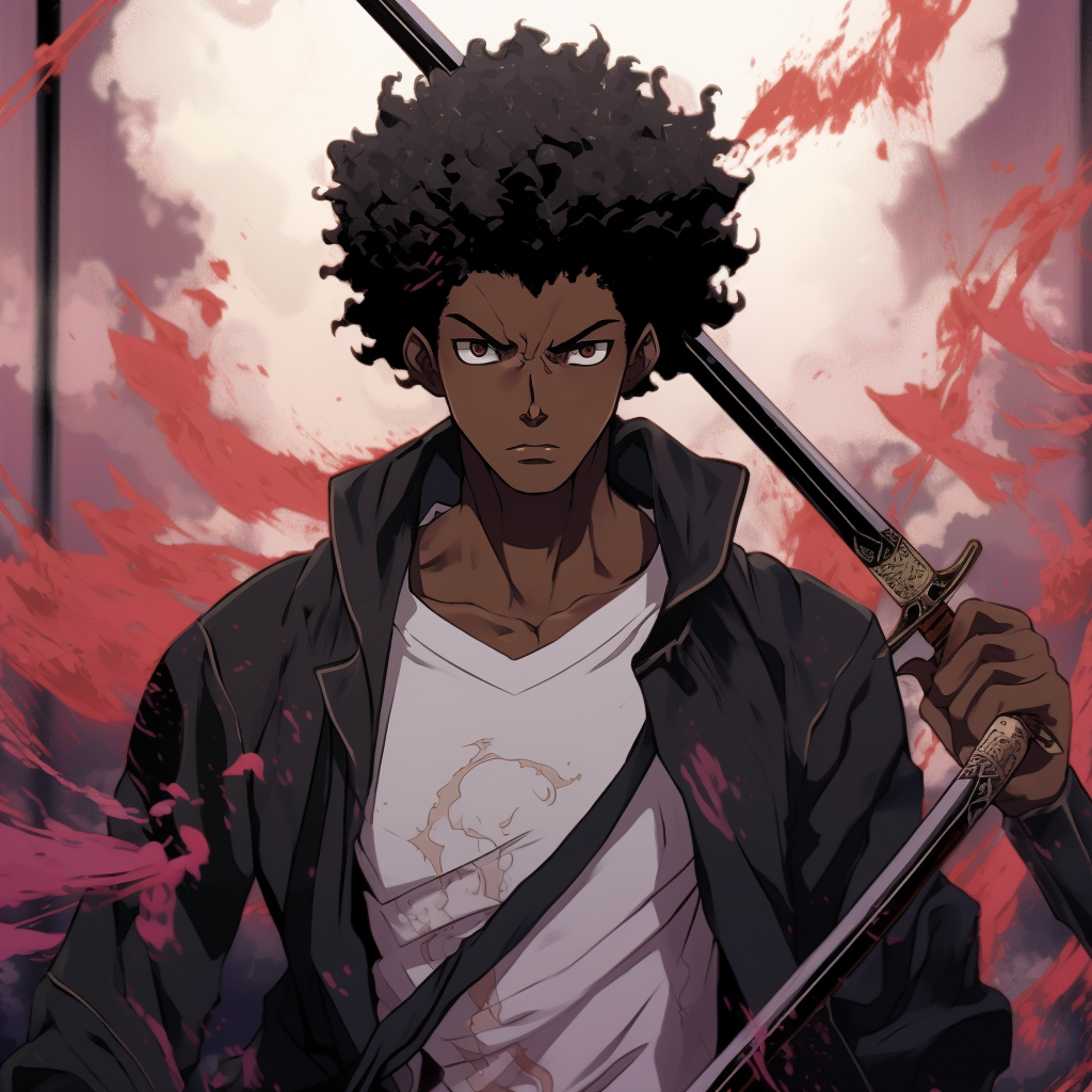 Afro Samurai in a fighter pose, displaying muscles and intense energy lines. influential best black anime characters pfp