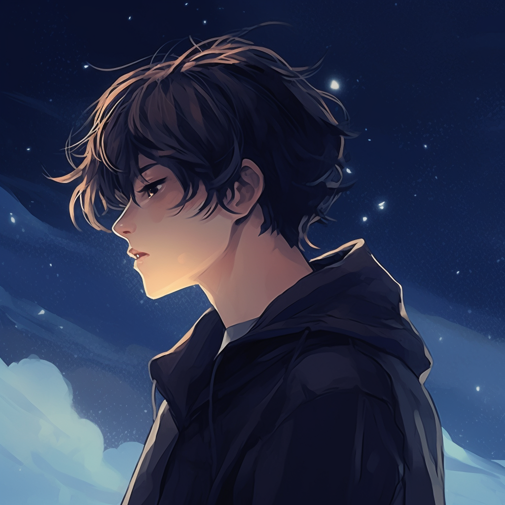 Dreamy boy gazing at a starry sky, ethereal lighting and cool tones. aesthetic anime male pfp pfp for discord.