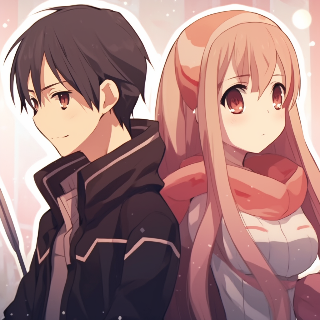 Close-up of Kirito and Asuna in matching profile pictures, fine details and contrasting colours. matching anime pfp for couplesHD, free download