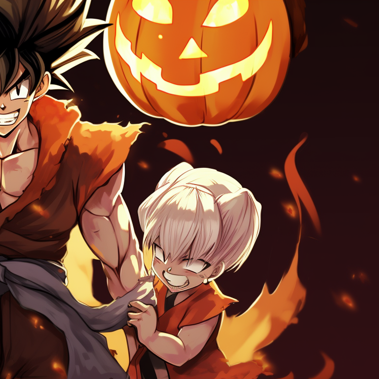 Goku and Vegeta as witches with a creepy background of a cobweb and black cat. dragon ball z matching pfp halloween style pfp for discord.