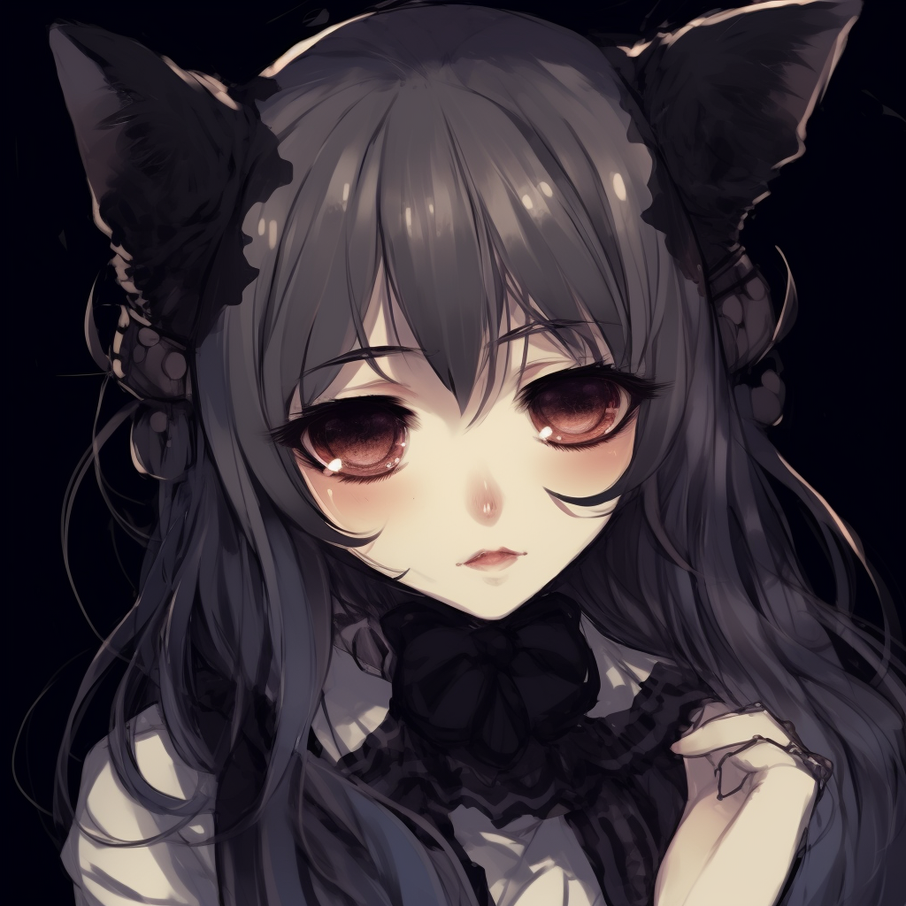 Character has spider web accessories, detailed linework against a dark color palette. adorable goth anime girl pfp pfp for discord.