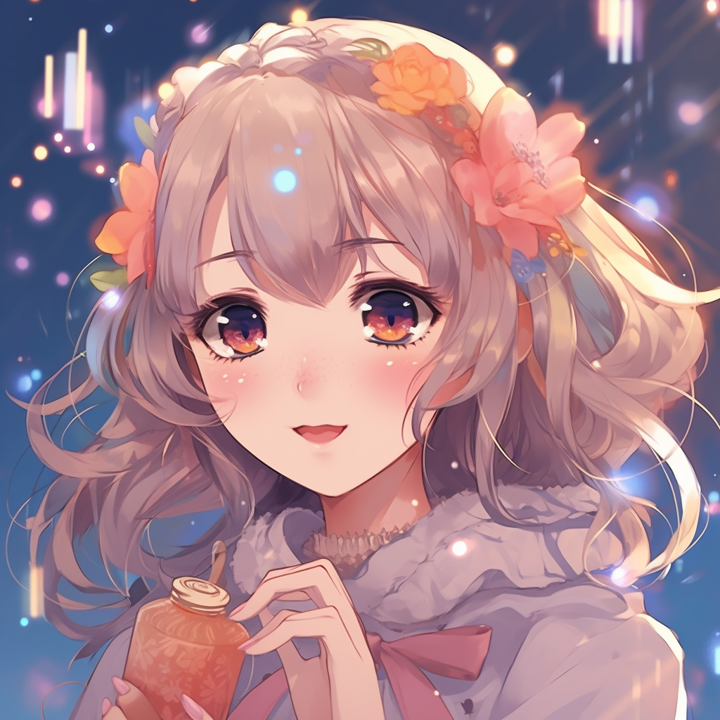 Glamorous kawaii girl in a casual setting, fine blend of everyday visuals with fantastical elements, and saturated color palette. glamorous kawaii anime pfp choices