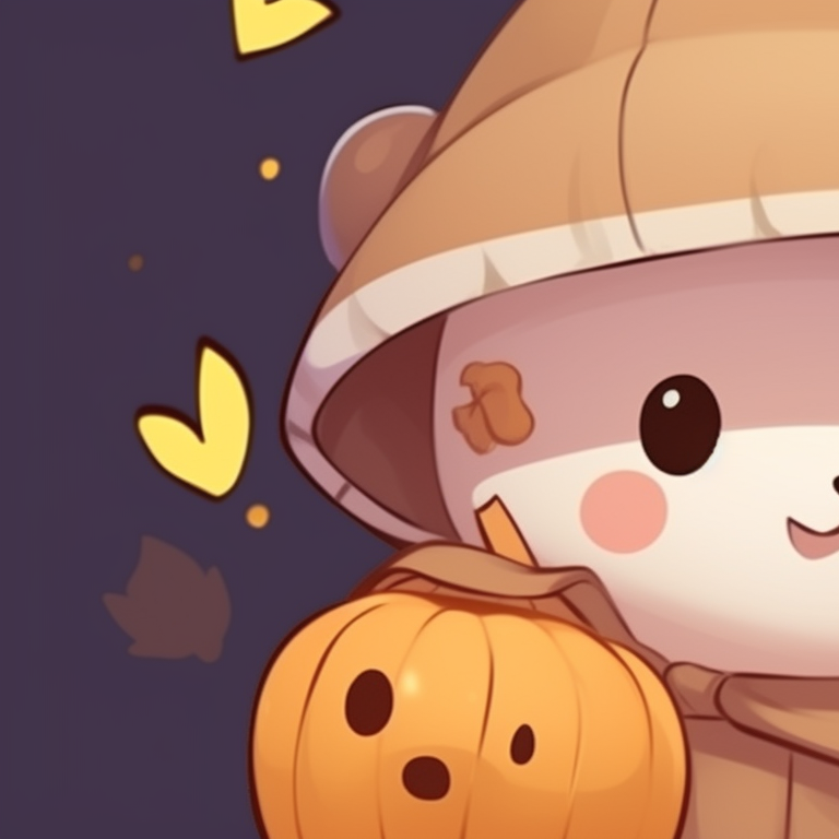 Two characters celebrating, vibrant color scheme, holding up Halloween candy. milk and mocha bear matching profile picture halloween theme inspiration pfp for discord.