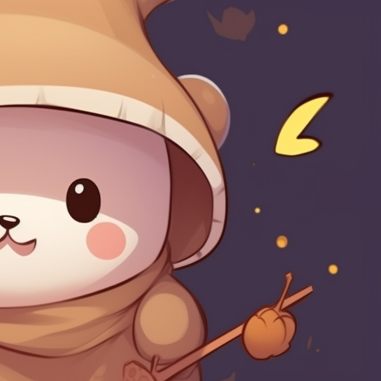 Two characters celebrating, vibrant color scheme, holding up Halloween candy. milk and mocha bear matching profile picture halloween theme inspiration pfp for discord.