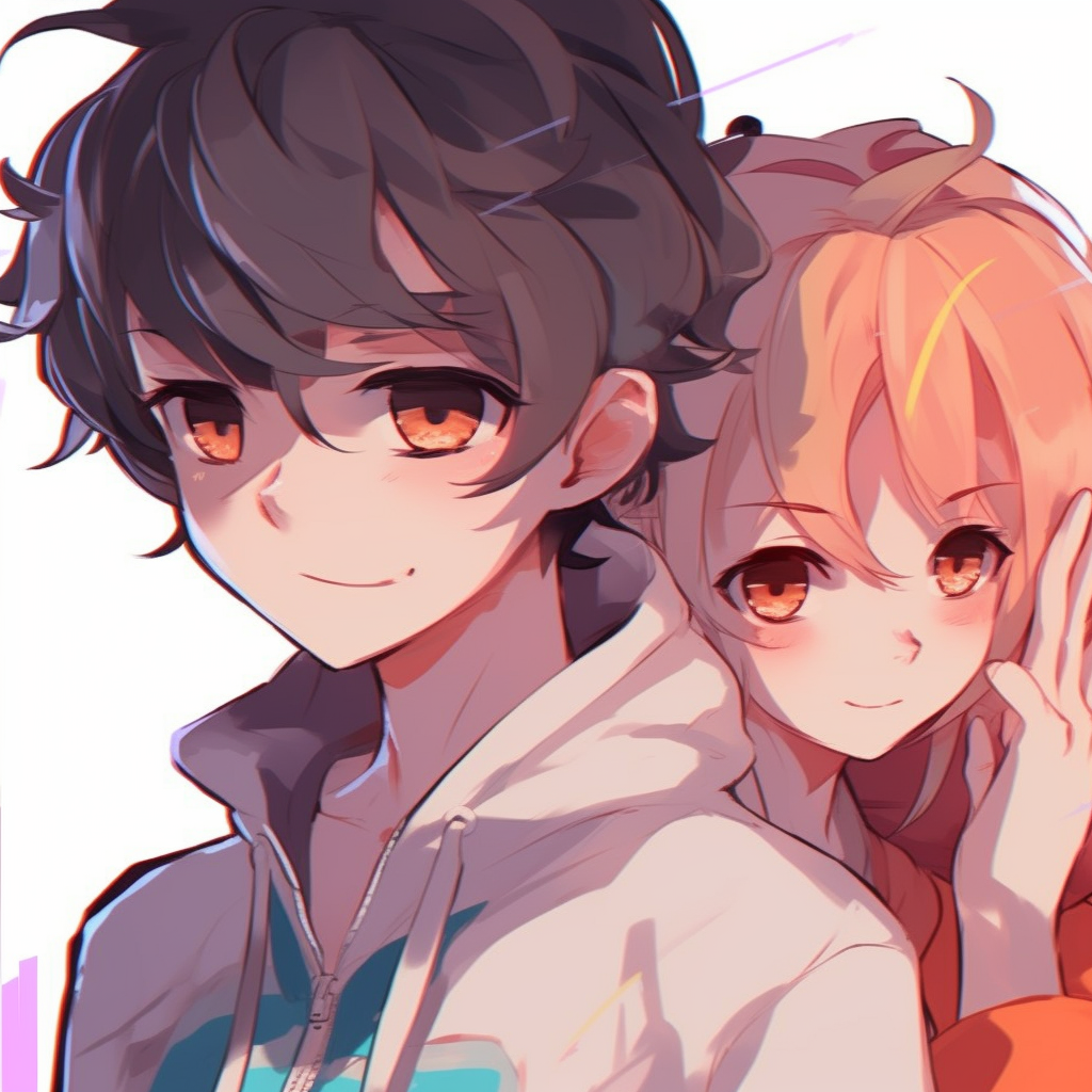 A profile view of an anime boy and girl side-by-side, highlighting their unique attire and vivid eye colors. matching pfp anime boy and girl