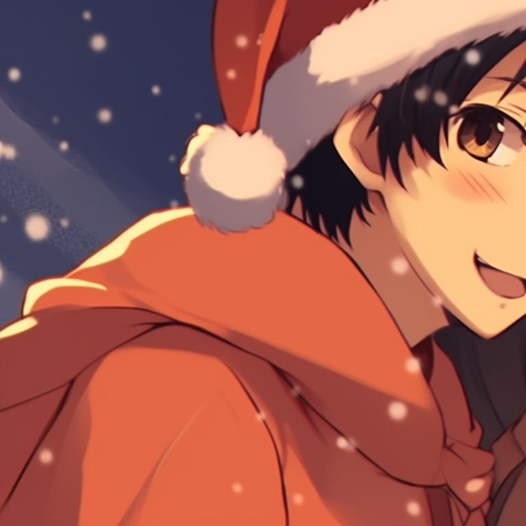 Two characters surprisingly encountering each other amidst a snowy backdrop with Christmas-themed outfits, the play of light portraying a warm orange tint. orange christmas pfp variations pfp for discord.