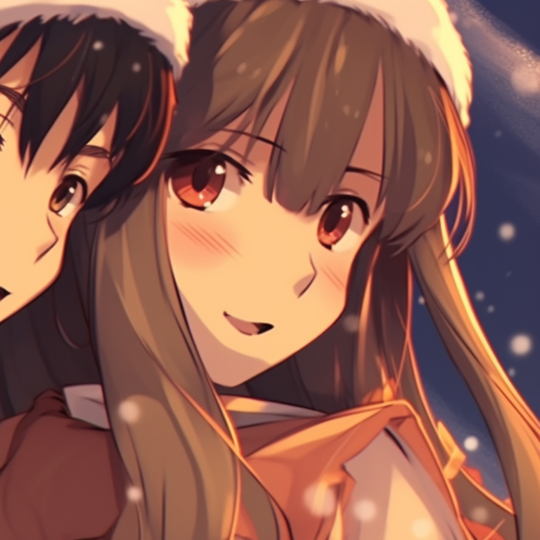 Two characters surprisingly encountering each other amidst a snowy backdrop with Christmas-themed outfits, the play of light portraying a warm orange tint. orange christmas pfp variations pfp for discord.
