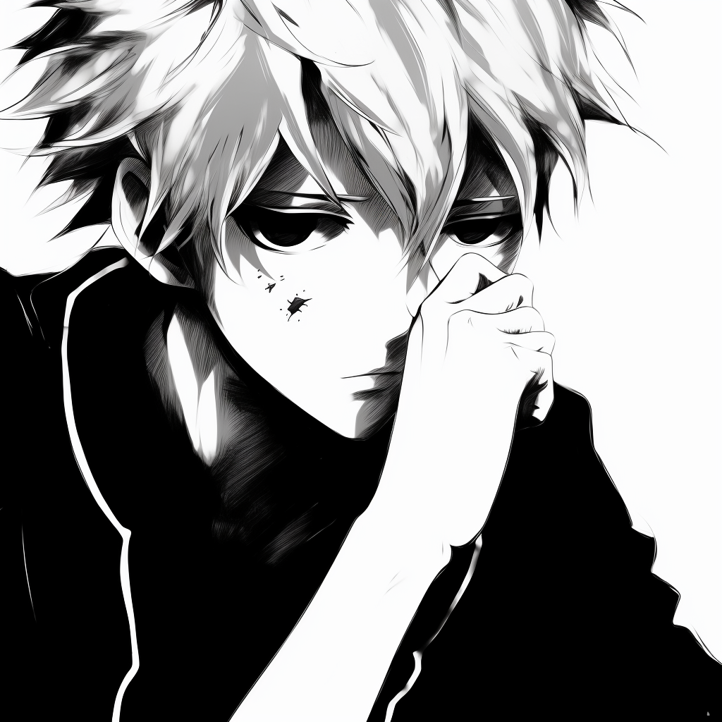 Close-up of Ichigo's face in black and white, emphasizing the intense eyes and detailed hair strands. unique black and white anime pfp
