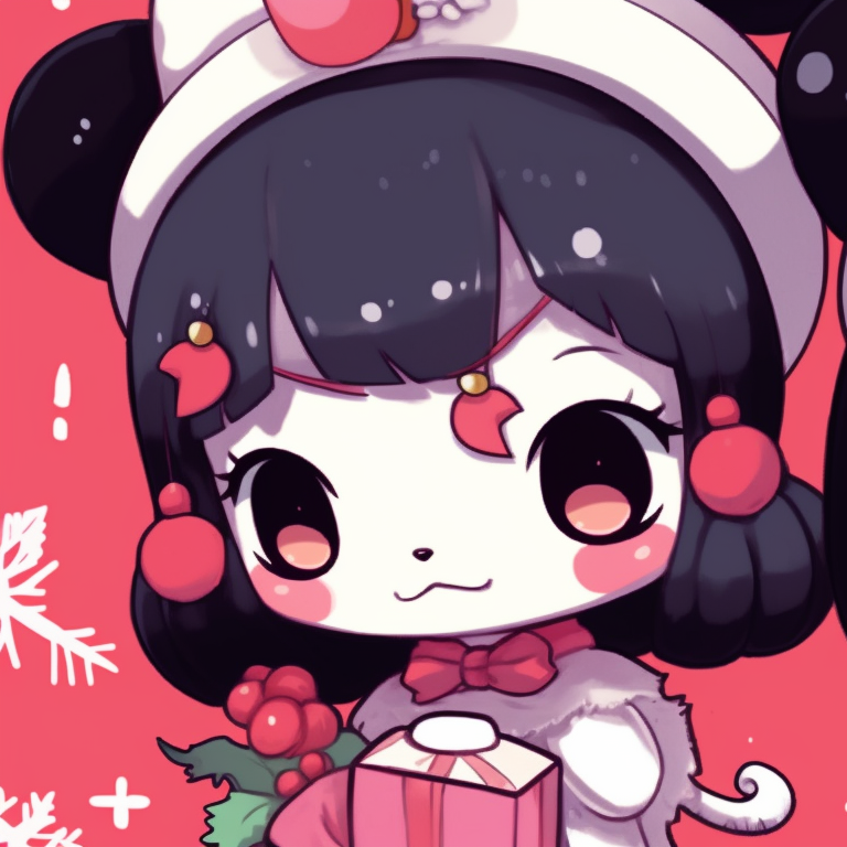 Characters exchanging presents against a festive backdrop, warm colors and intricate detailing. matching kuromi christmas pfp themes pfp for discord.