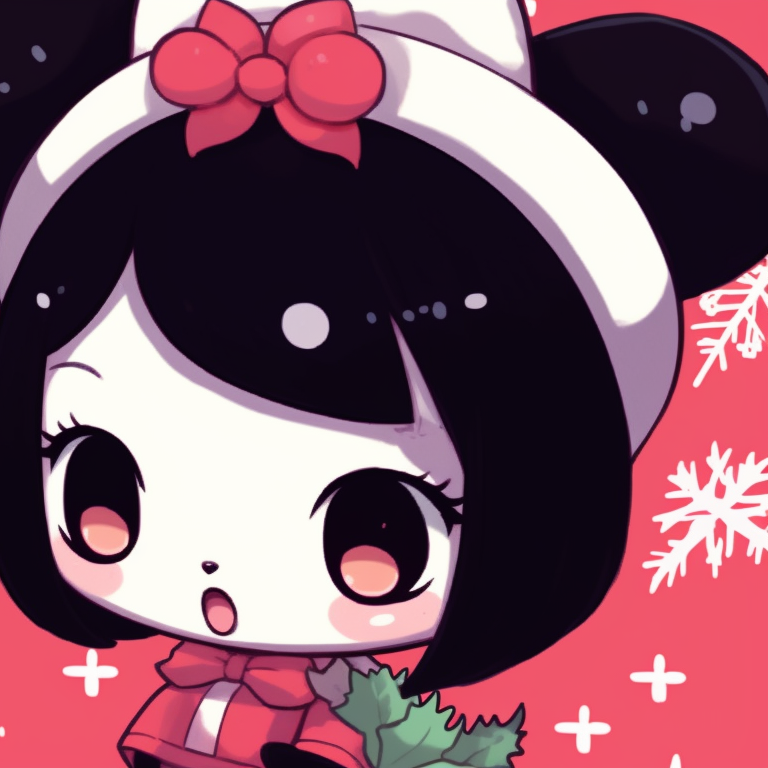 Characters exchanging presents against a festive backdrop, warm colors and intricate detailing. matching kuromi christmas pfp themes pfp for discord.