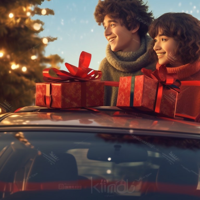 Two anime characters riding a car, anime characters wearing Santa hats and scarves, car decorated with red ribbons and Christmas bells. optimized christmas car images pfp for discord.