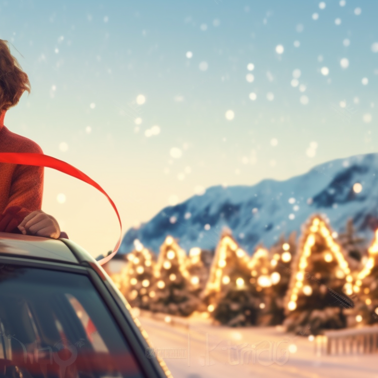 Two anime characters riding a car, anime characters wearing Santa hats and scarves, car decorated with red ribbons and Christmas bells. optimized christmas car images pfp for discord.