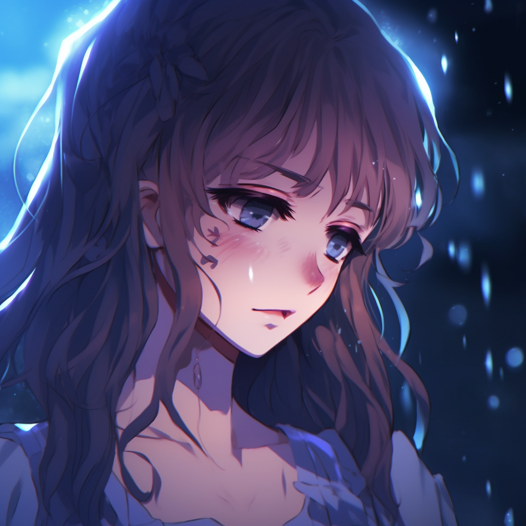 An anime character shedding tears under the moonlight, soft lighting and cool color scheme. sad crying anime pfp pfp for discord.