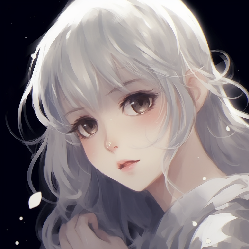 Close-up portrait of a white-haired anime girl, high contrast with soft colors and fine lines. white hair anime pfp girl
