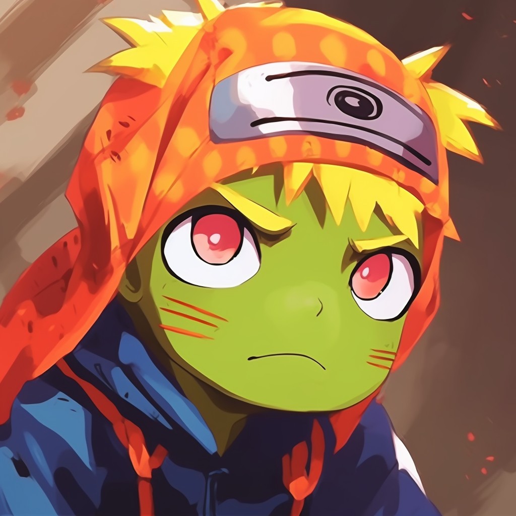 Dynamic pose of Pepe the Frog as Naruto, showcasing signature ninja moves with a playful twist pfp featuring anime meme pfp for discord.