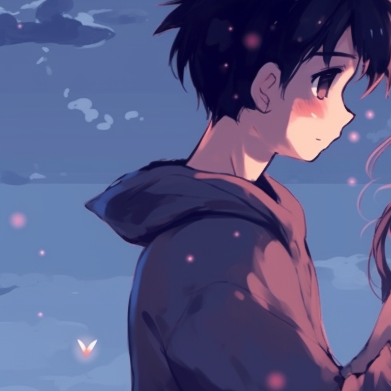 Two characters bonding in the morning light, soft color palette and light brush strokes. cute couple's matching pfp pfp for discord.