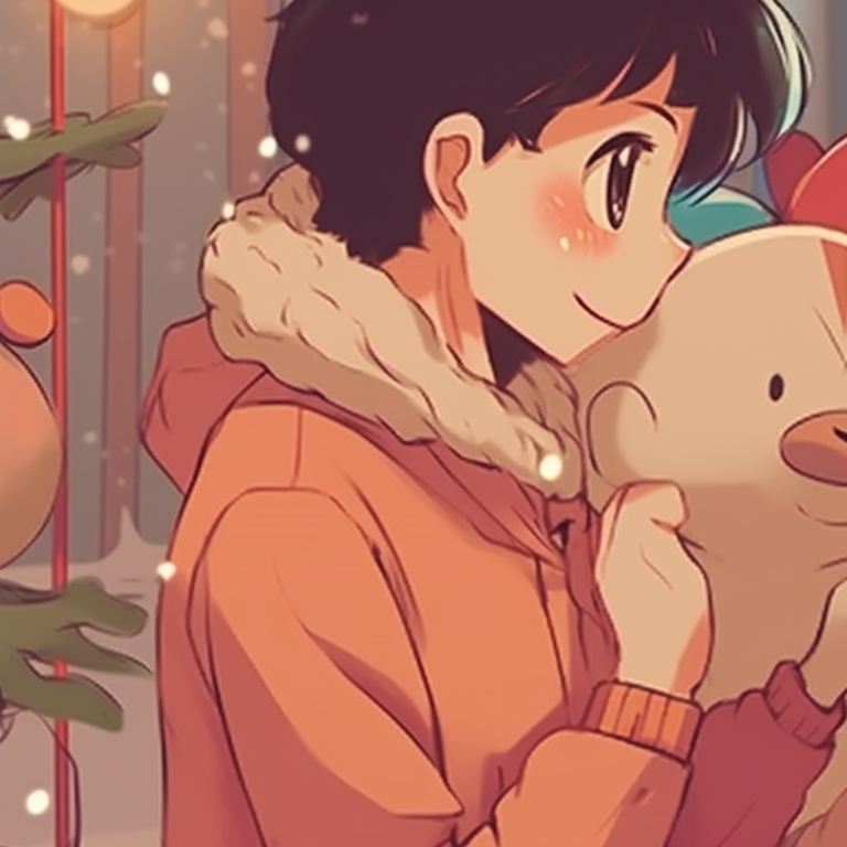 Two characters in a snowy setting, traditional attire, with vintage color contrasts and shading. matching retro aesthetic cartoon pfp christmas inspirations pfp for discord.