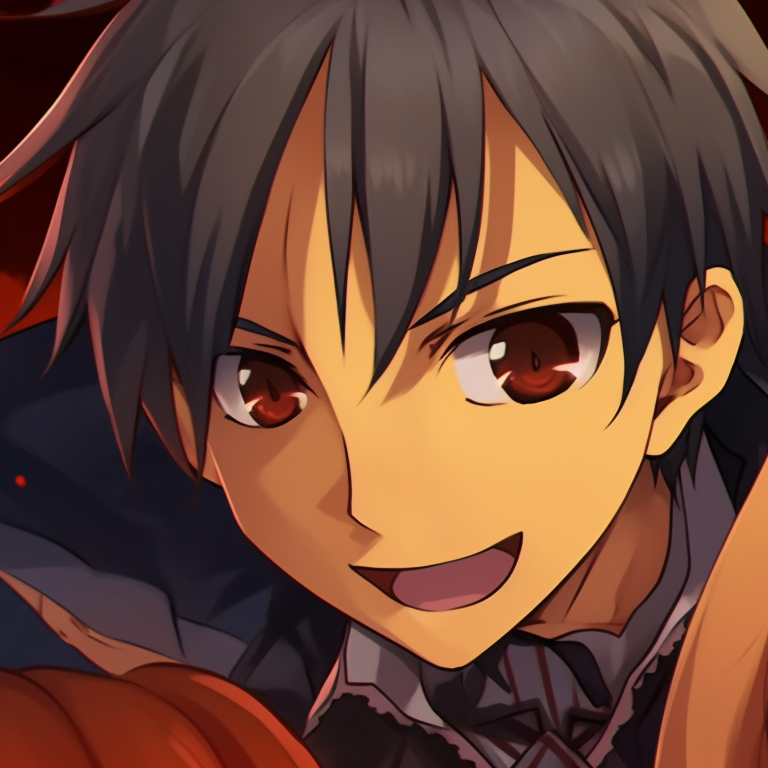 Kirito and Asuna in their battle gear with autumn leaves, autumnal colors and intense expressions. halloween version pfp matching of kirito and asuna pfp for discord.