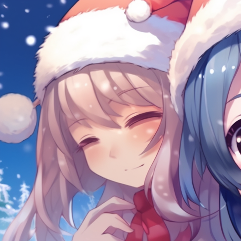 Two characters exchanging presents, dynamic lines and vivid colors. christmas-themed cute pfp that match pfp for discord.
