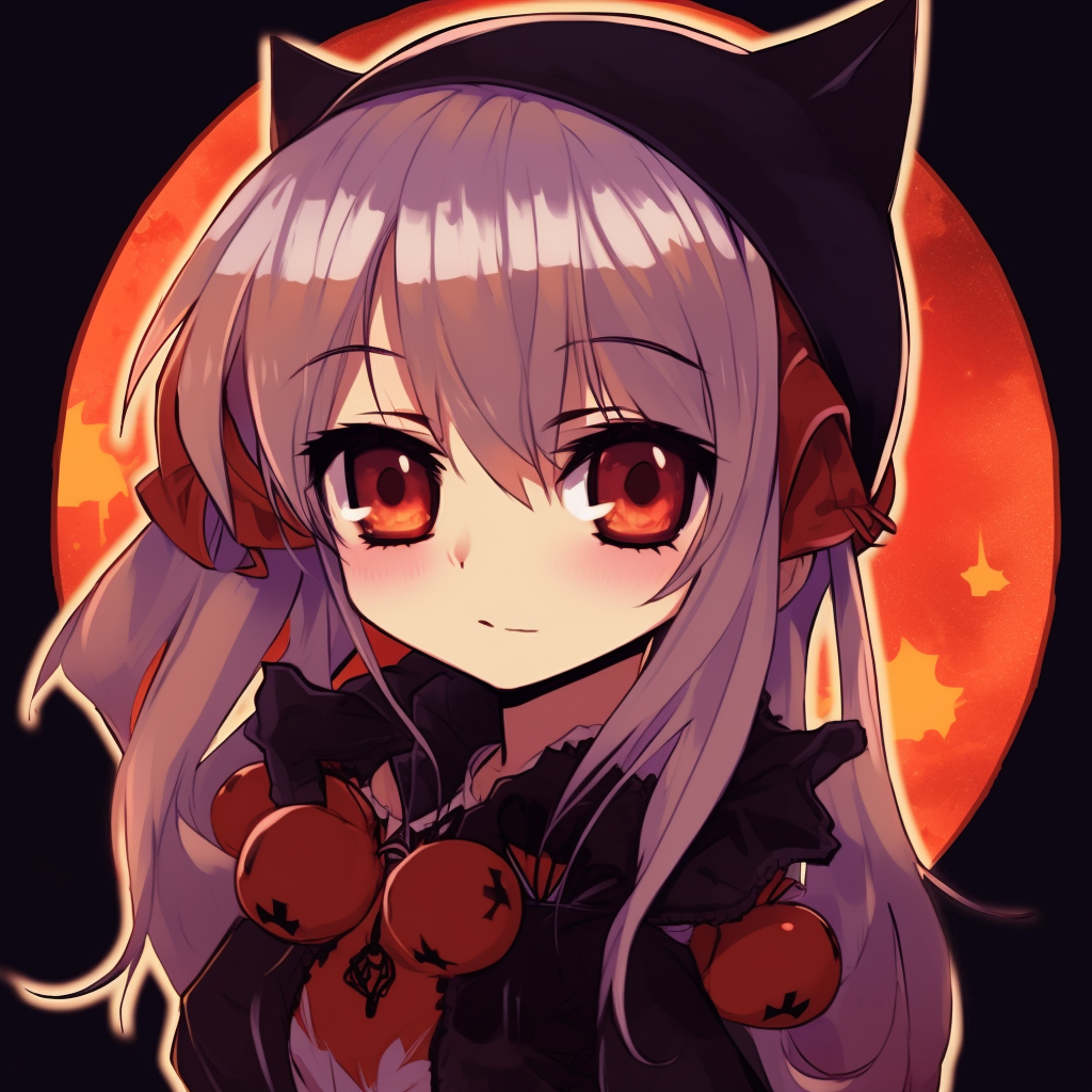Chibi-style anime vampire profile, showcasing bold outlines and rich Halloween colors. adorable anime halloween pfp