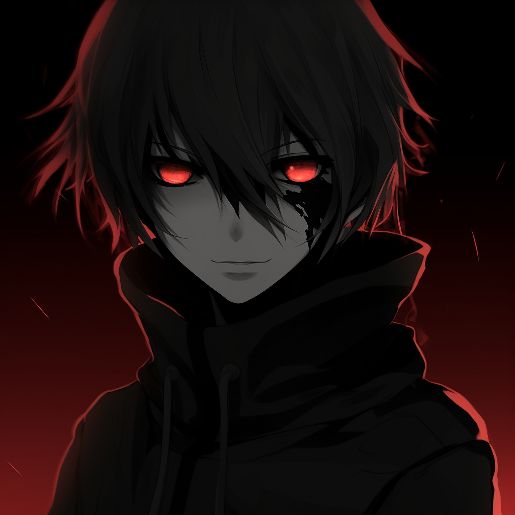Anime character shrouded in darkness, contrasting the dimly lit background, focus on stark line work. aesthetic black pfp anime pfp for discord.