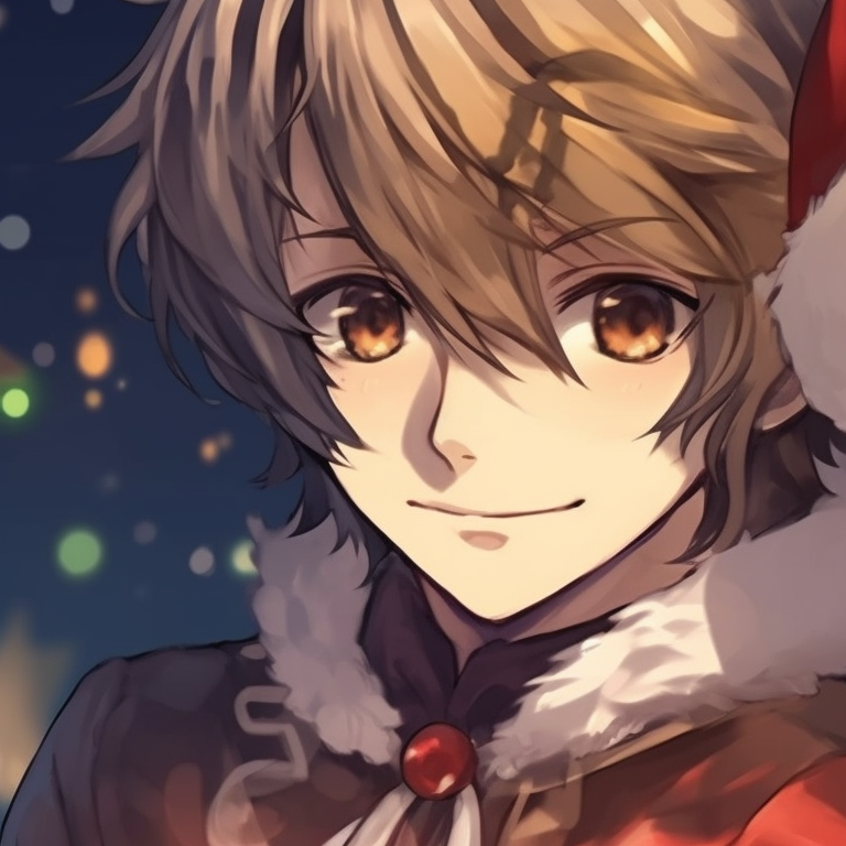 Two characters in traditional kimonos adorned with Christmas motifs, intricate patterns, and cool colors. beautiful matching christmas pfp anime pfp for discord.