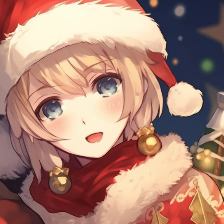 Two characters in traditional kimonos adorned with Christmas motifs, intricate patterns, and cool colors. beautiful matching christmas pfp anime pfp for discord.