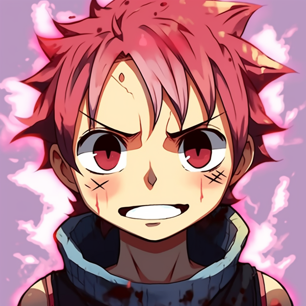 Close-up of Natsu's silly expression, detail on facial features and high contrast. brainstorming funny anime pfps
