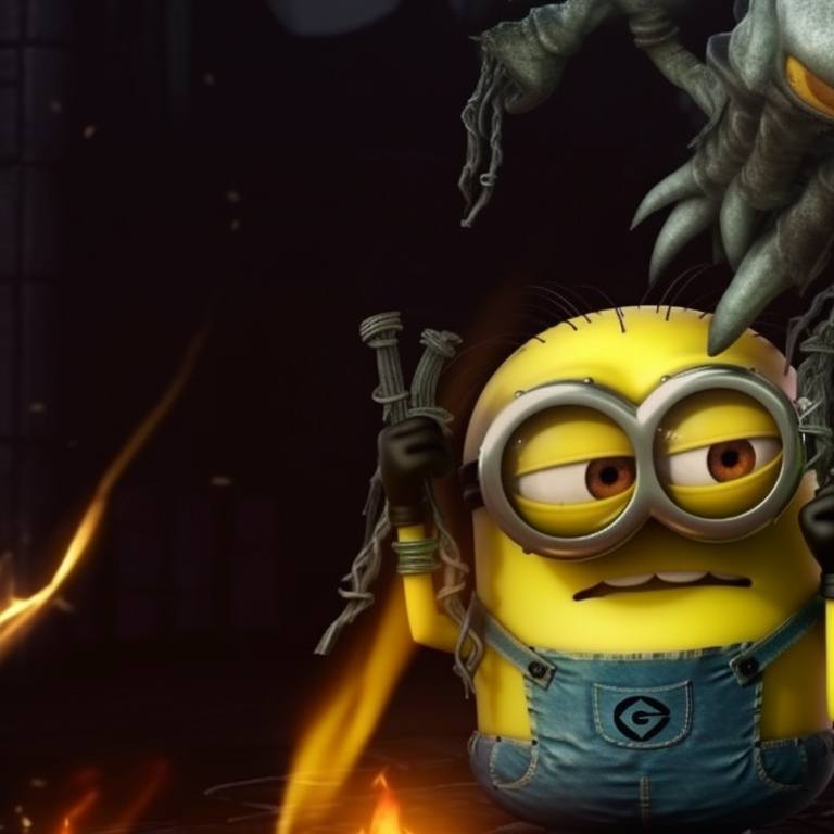 Two Minions, one as a vampire and the other as a witch, warm colors and jester-like expressions. matching pfp with minion theme for halloween pfp for discord.