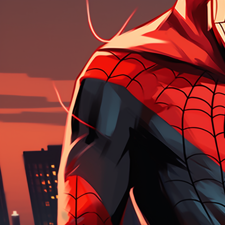 Two Spiderman characters with bold lines and heroic poses, set against city skyline. spiderman matching pfp fan art pfp for discord.