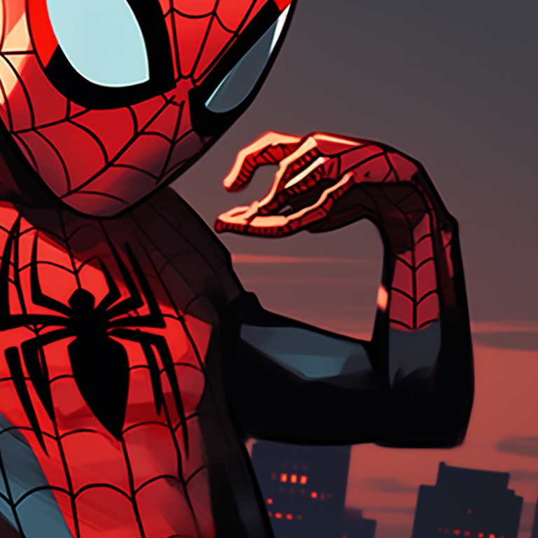 Two Spiderman characters with bold lines and heroic poses, set against city skyline. spiderman matching pfp fan art pfp for discord.