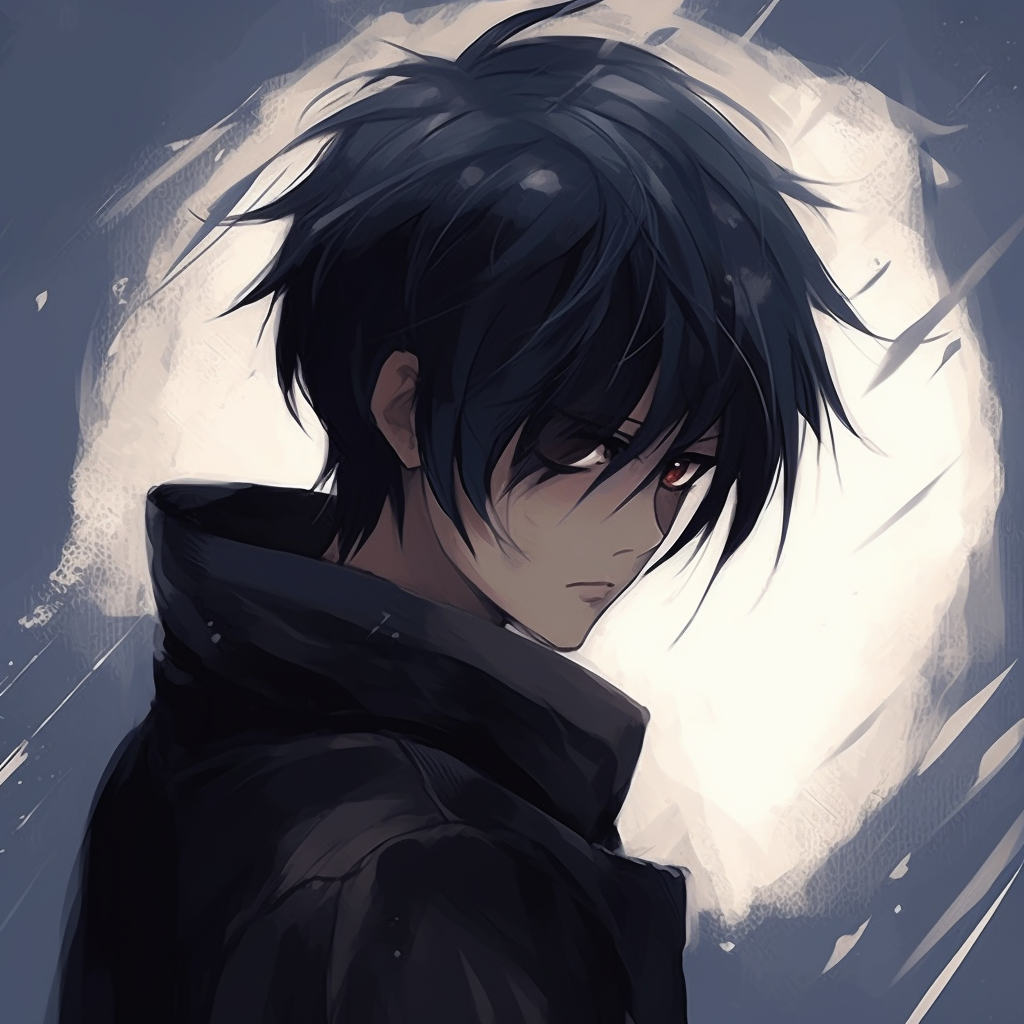 Sasuke Uchiha with a fierce gaze, utilizing sharp lines and defining shadows. anime male pfp art pfp for discord.