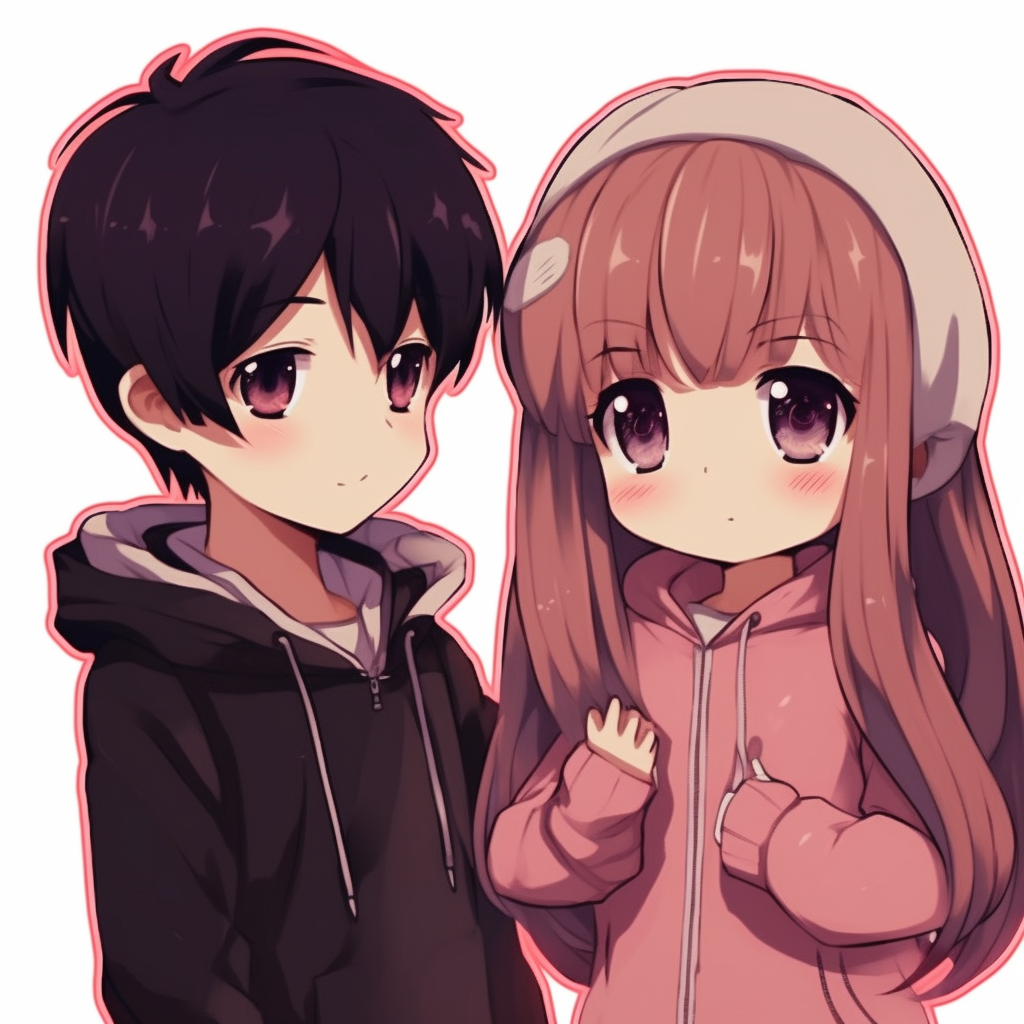 Chibi couple in an embrace, cute proportions and pastel color tones. cool and cute matching pfp anime
