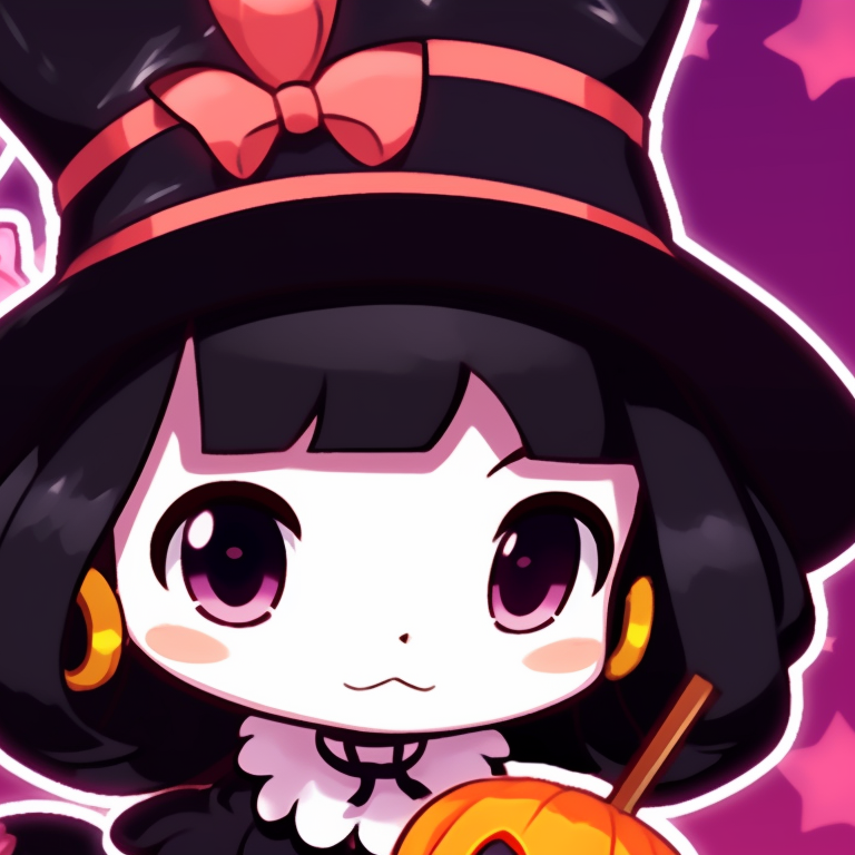 Melody and Kuromi in Halloween-inspired outfits, cartoonish style with vivid, eye-catching colors. halloween themed melody and kuromi matching pfps pfp for discord.