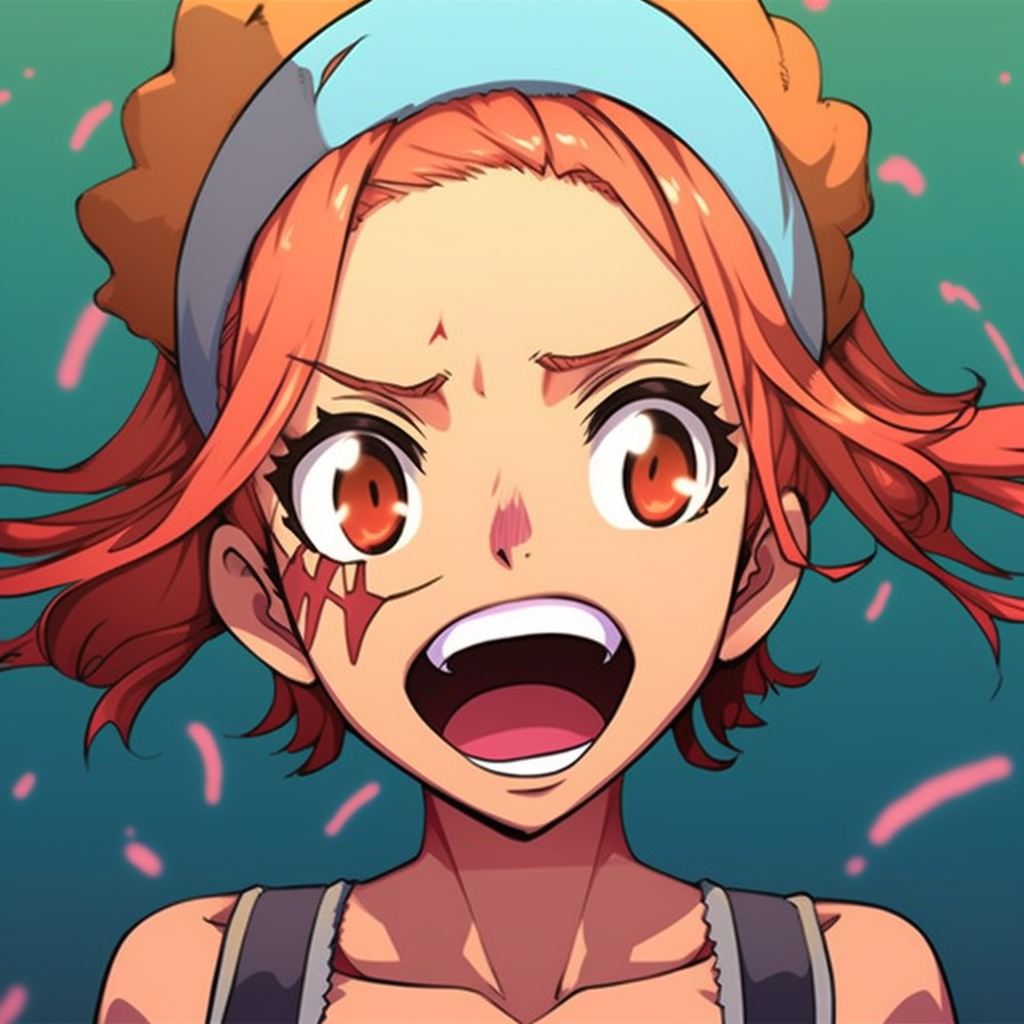 Close-up of Nami from One Piece giggling, fine details and bold colors. girls with hilarious anime pfps