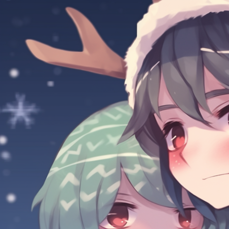 Two characters on a sleigh, icy blue tones, bundled up in winter clothing. matching cute christmas pfp aesthetic ideas pfp for discord.