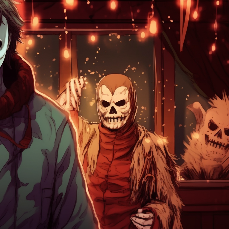 Michael Myers, knife gleaming in the snowy night, surrounded by hanging Christmas decors. festive michael myers pfp pfp for discord.