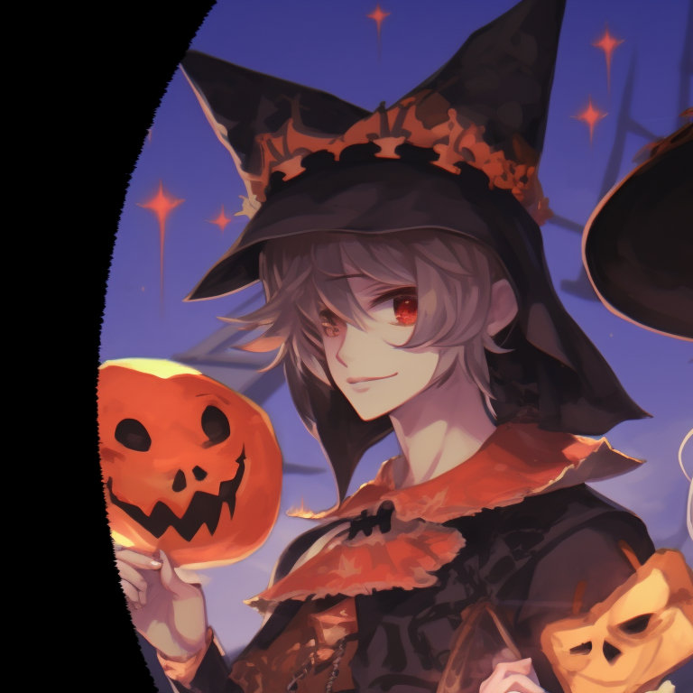 Close-up view of two characters, vibrant primary colors, decorated with Halloween-themed accessories. genshin characters halloween matching profile pictures pfp for discord.