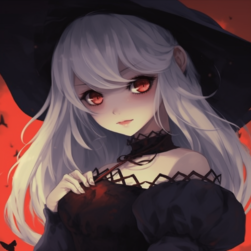Anime vampire girl with goth-inspired outfit, detailed linework and dark, saturated colors. halloween pfp anime girls