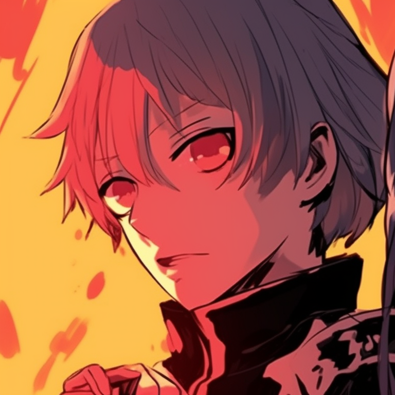 Two characters, identical in appearance yet contrasting in aura, complex details and a chaotic backdrop. chainsaw man coordinated pfp pfp for discord.