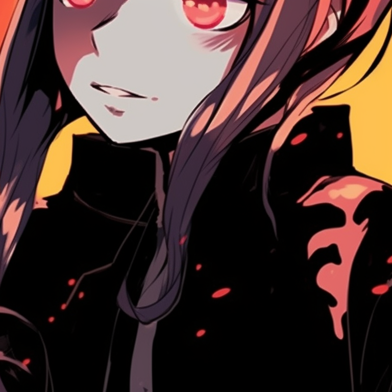 Two characters, identical in appearance yet contrasting in aura, complex details and a chaotic backdrop. chainsaw man coordinated pfp pfp for discord.