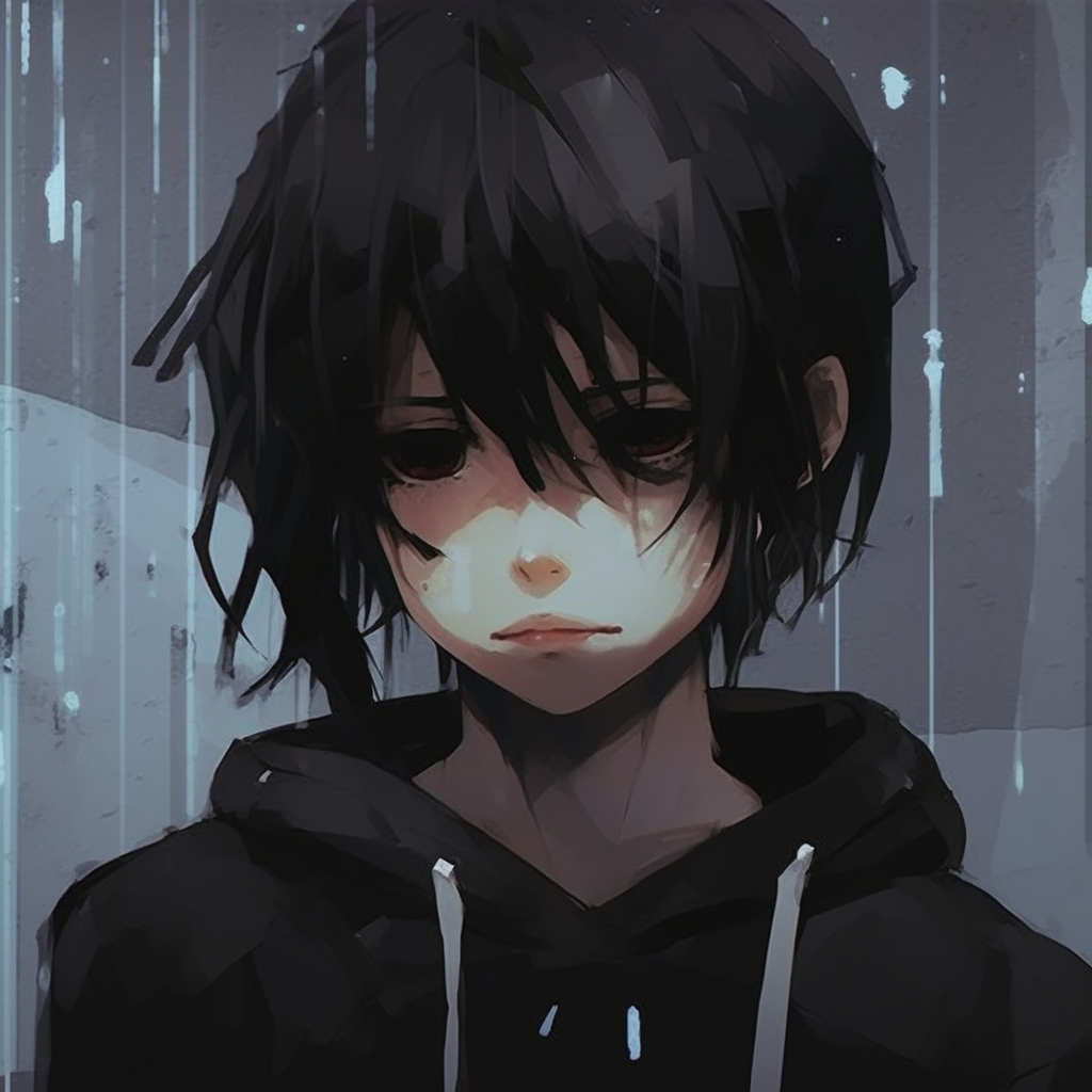 Anime character alone under the rain, gloomy atmosphere, wet textures and cool hues dominate. depressed anime characters pfp