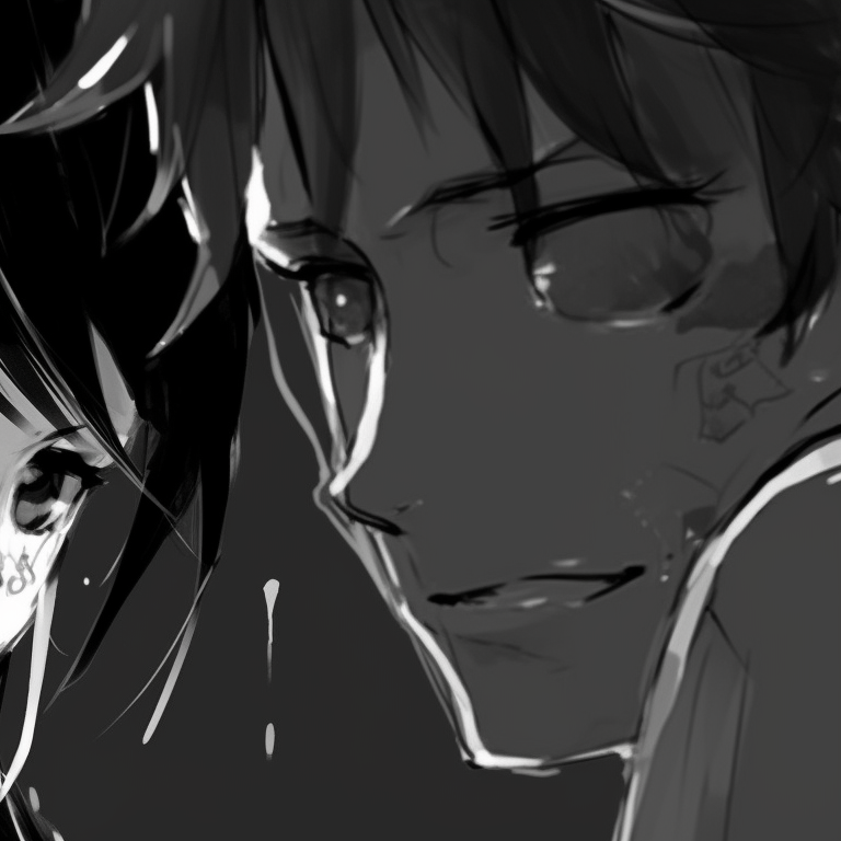 Two characters in relaxed postures, soft gradients of grey, capturing the casual comfort between them. black and white matching pfp aesthetic pfp for discord.