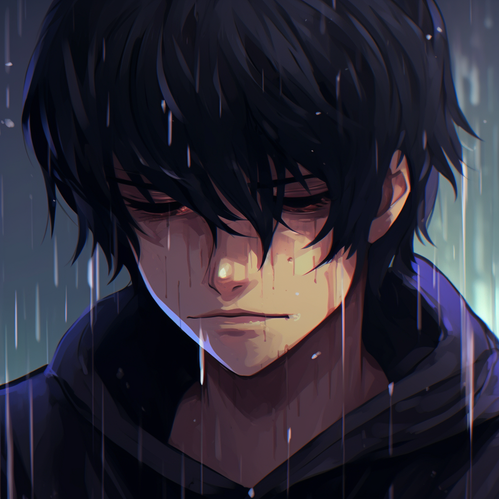 Male anime character captured crying under the rain, sharp lines and cool colours prevail in the artwork. sad anime pfp male