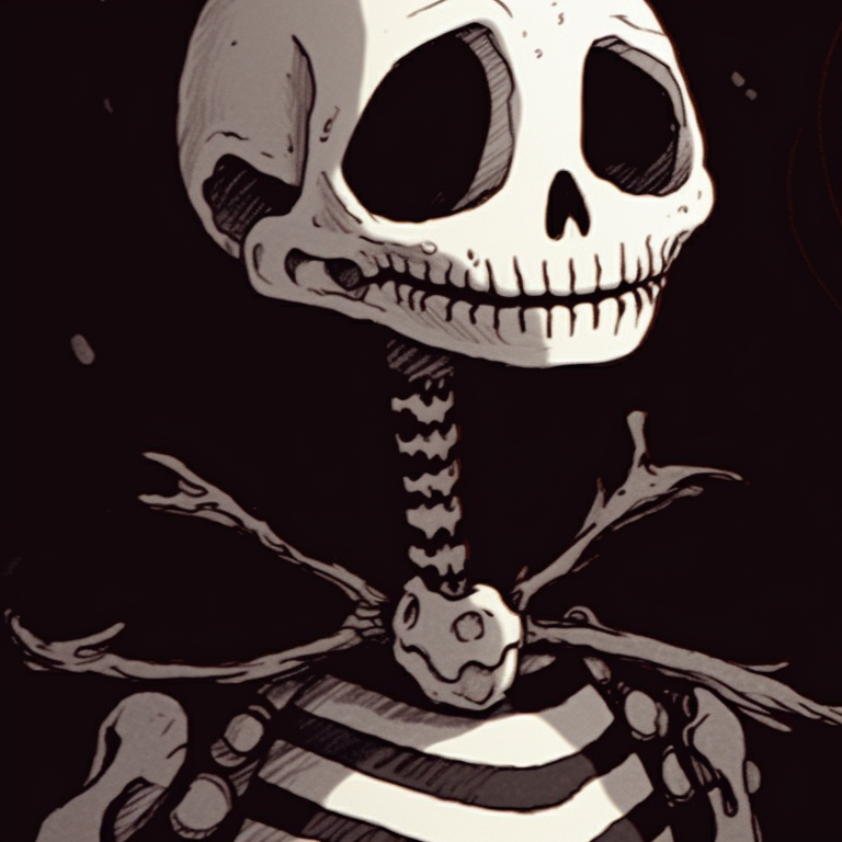 Two skeleton characters, wearing jingle bell necklaces, high contrast monochrome. ideal matching christmas skeleton pfp pfp for discord.