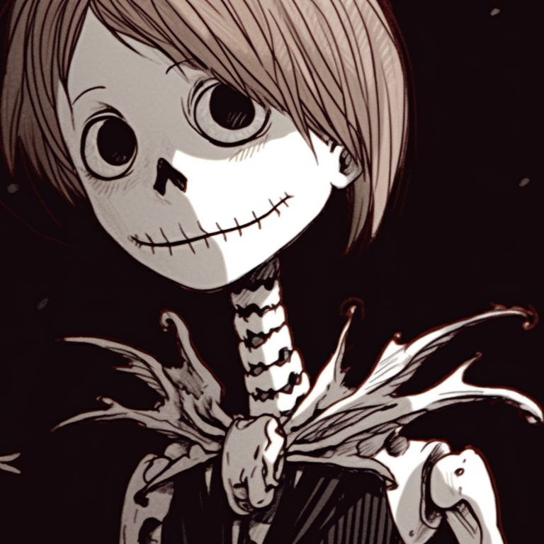 Two skeleton characters, wearing jingle bell necklaces, high contrast monochrome. ideal matching christmas skeleton pfp pfp for discord.