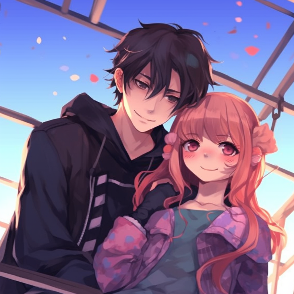 A moment of playfulness between the anime couple, colorful palette and lively poses. adorable couple anime pfp