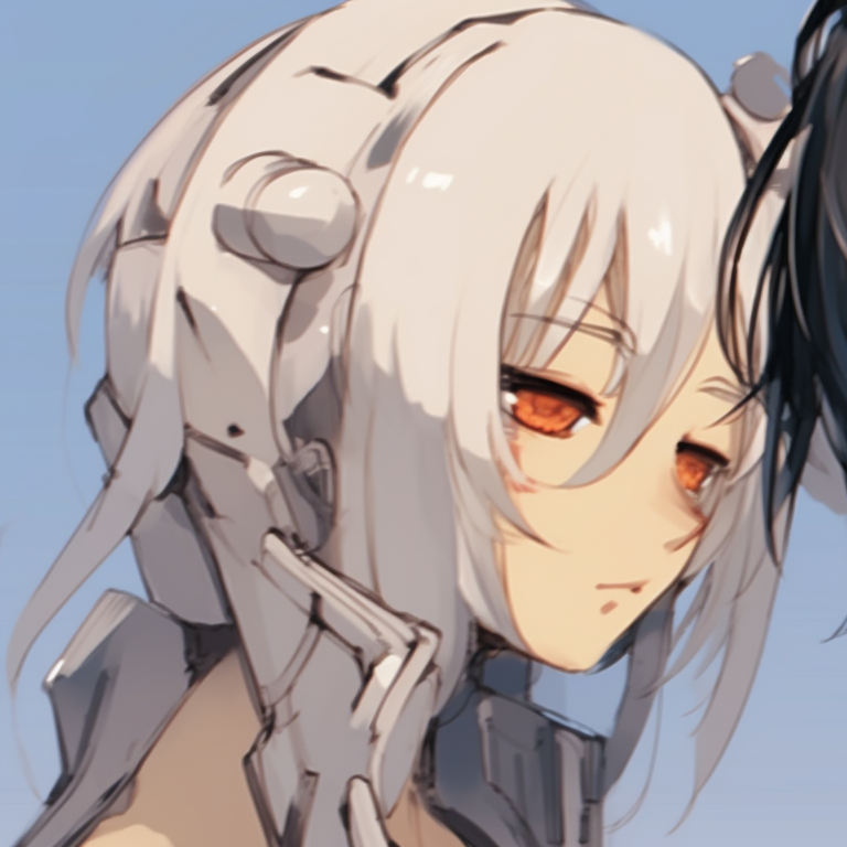 Two characters, both in futuristic clothing, neon hues and sharp lines, both looking at virtual interface. anime pfp matching in 2023 pfp for discord.